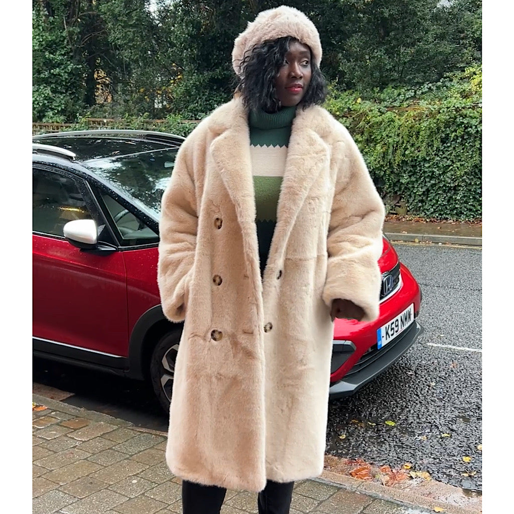 Oversized Faux Fur Dark Beige Collared Longline Coat