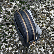 Load image into Gallery viewer, Navy Oval Shaped Twin Zip Top Crossbody Bag (top view)
