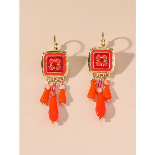 Orange Square & Dangle Rhinestones Earrings