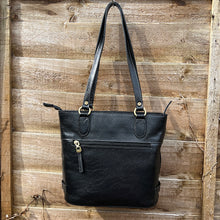 Load image into Gallery viewer, Black &quot;Emilia&quot; Italian Leather Bucket Bag with Side Buckle Details (back)
