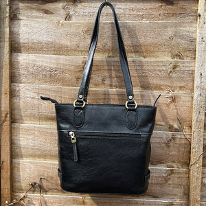 Black "Emilia" Italian Leather Bucket Bag with Side Buckle Details (back)