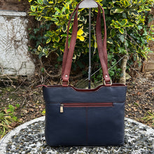 Load image into Gallery viewer, Navy &amp; Tan &#39;Anne&#39; Classic Leather Shoulder Bag (back)
