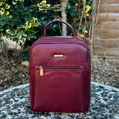 Burgundy Twin Zip Top Leather 'Harriet' Backpack (front)