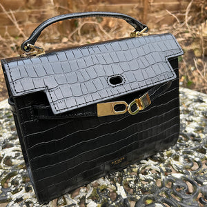 Black "Alegra" Italian Leather Croc Midi Grab Bag (closure)