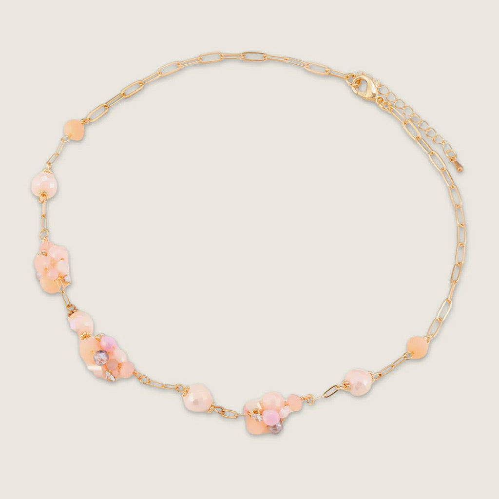 Gold & Pink Cluster Beads & Crystal Short Necklace