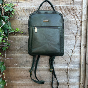 Dark Green Twin Zip Top Leather 'Harriet' Backpack (front)