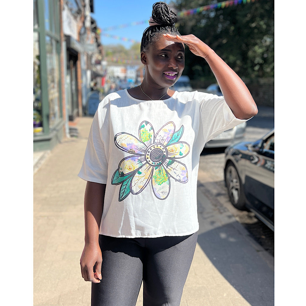 White Bold Artist Flower Linen Top