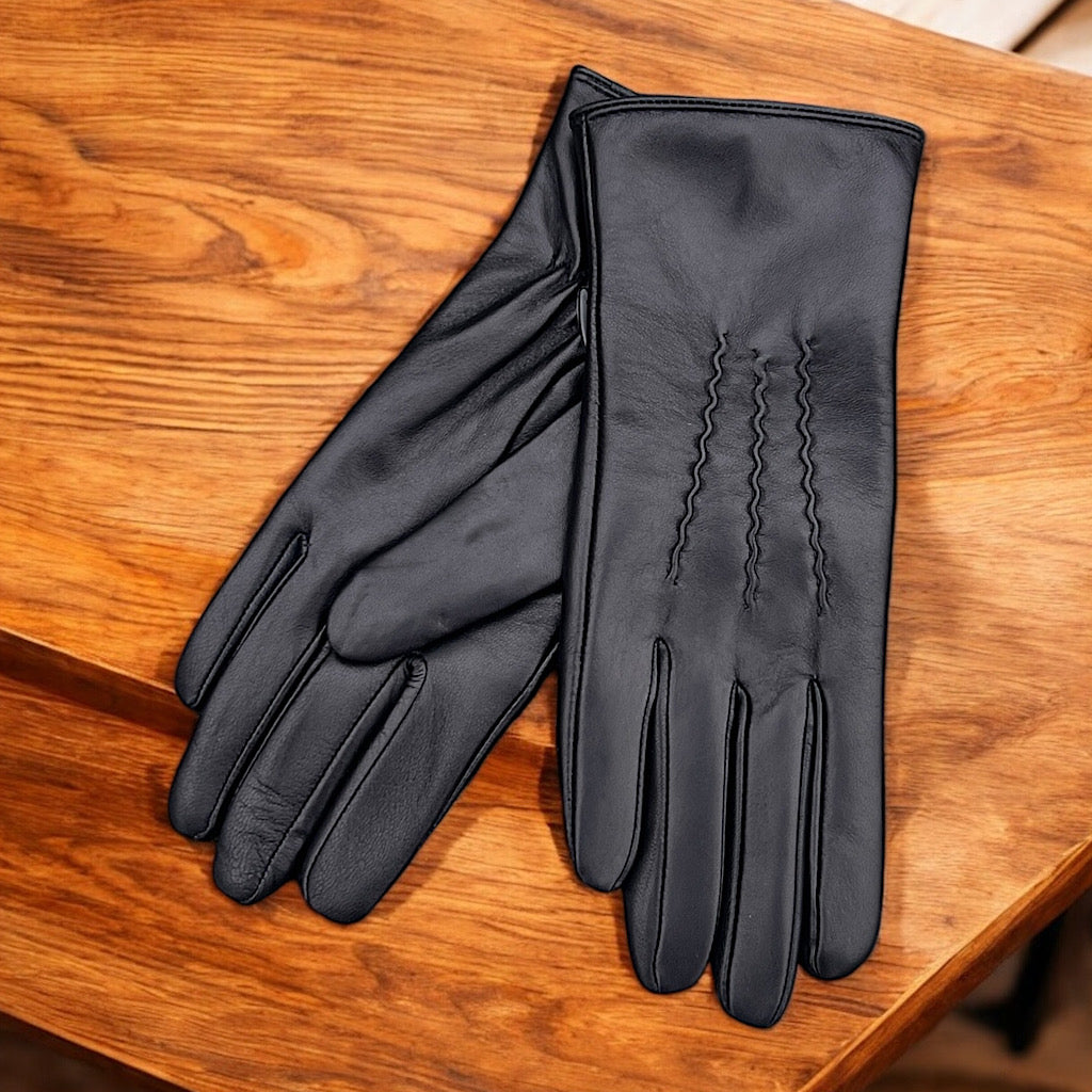 Black Ladies Leather Wool Lined Gloves