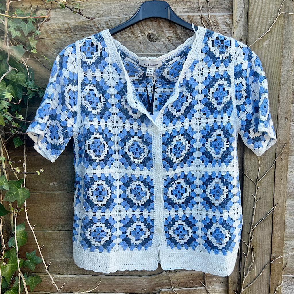 Blue & White Cotton Crochet Cardigan/Top