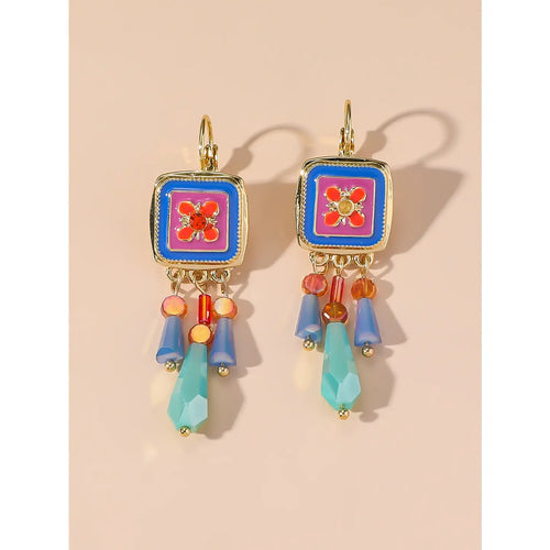 Multi-Coloured Square & Dangle Rhinestones Earrings