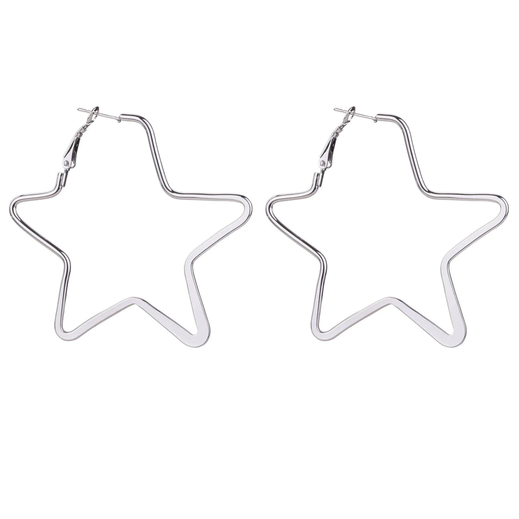 White Gold Plated Silver Star Hoop Earrings