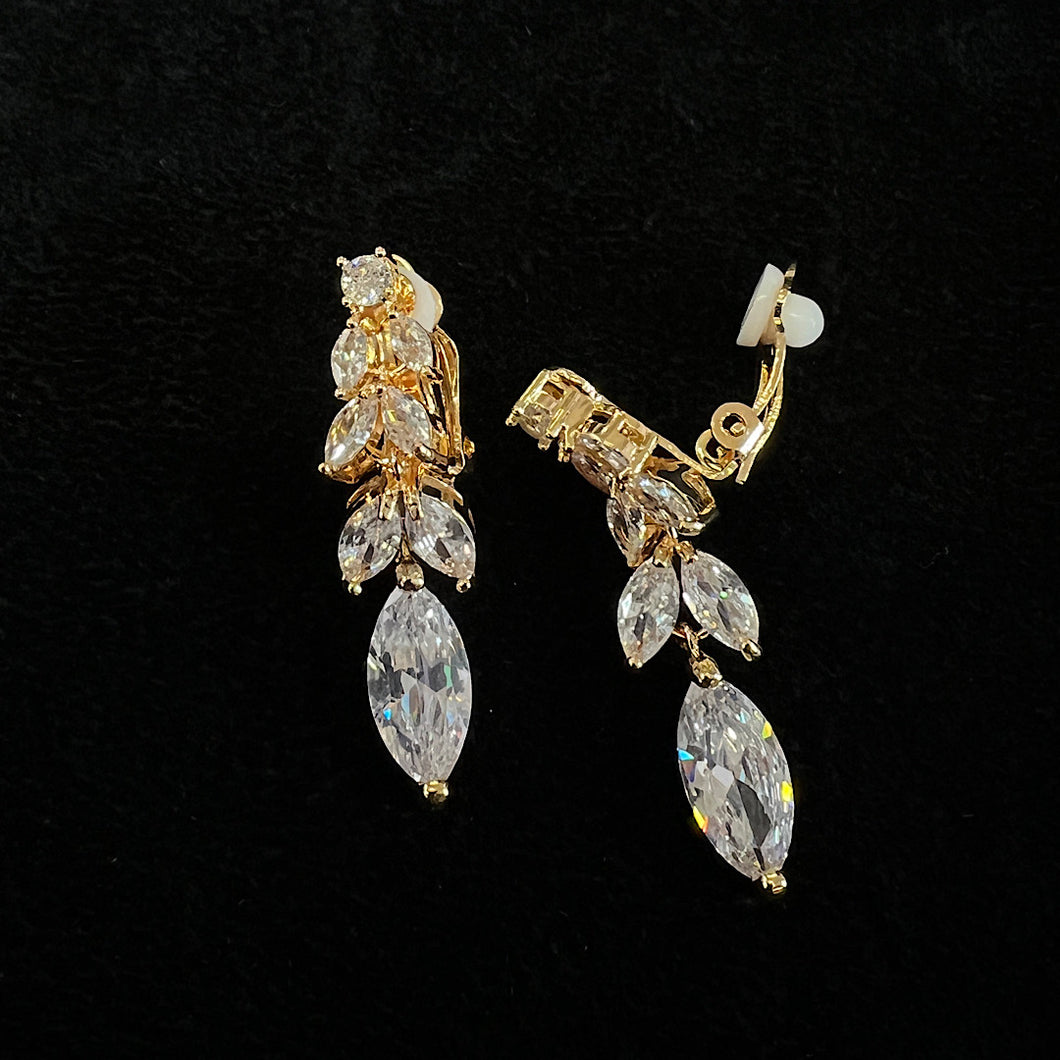 Gold Leaf Drop Crystal Clip On Earrings