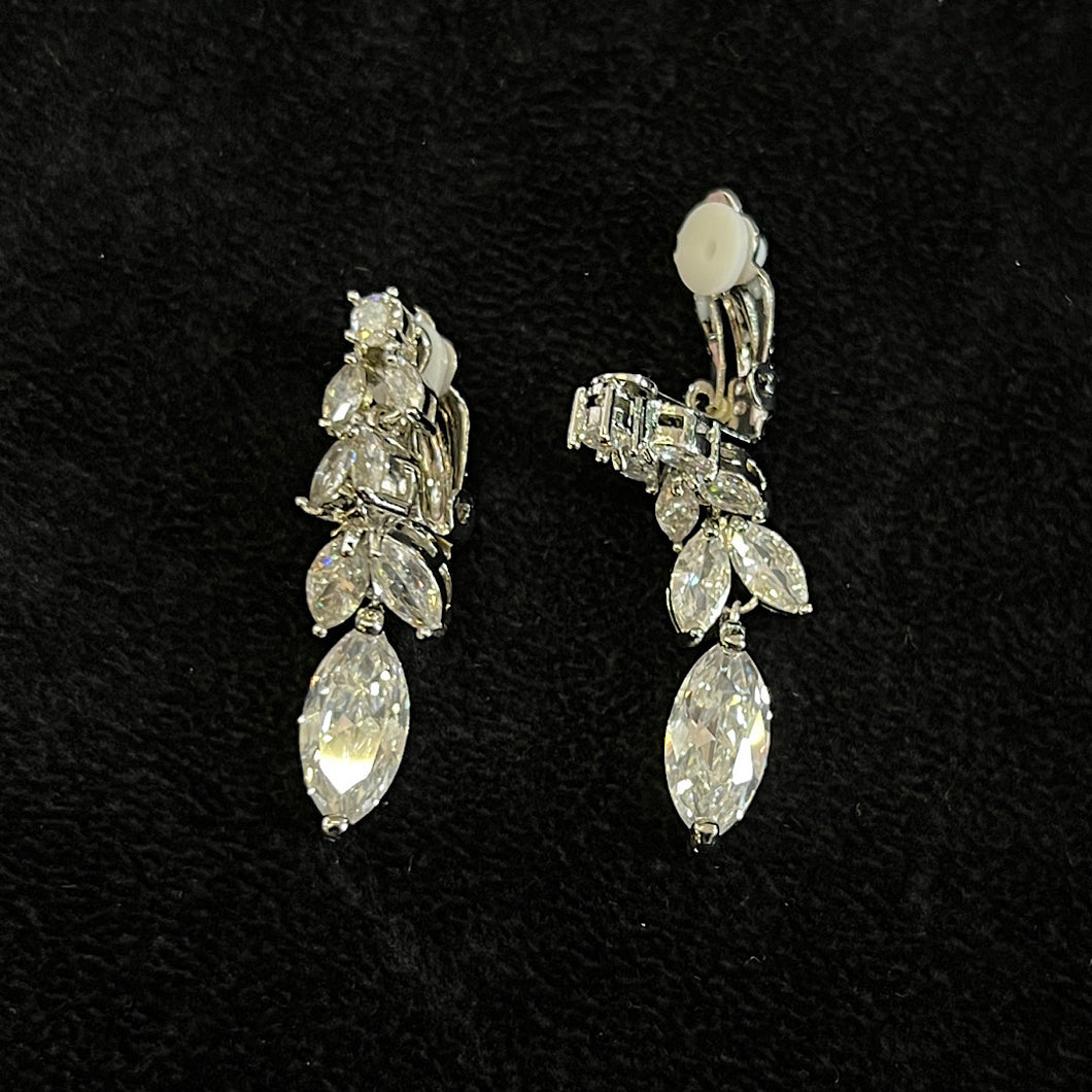 Silver Leaf Drop Crystal Clip On Earrings