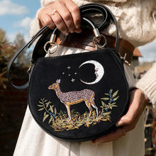 Load image into Gallery viewer, Deer &amp; Moon Embroidered Saddle Bag Black Velvet
