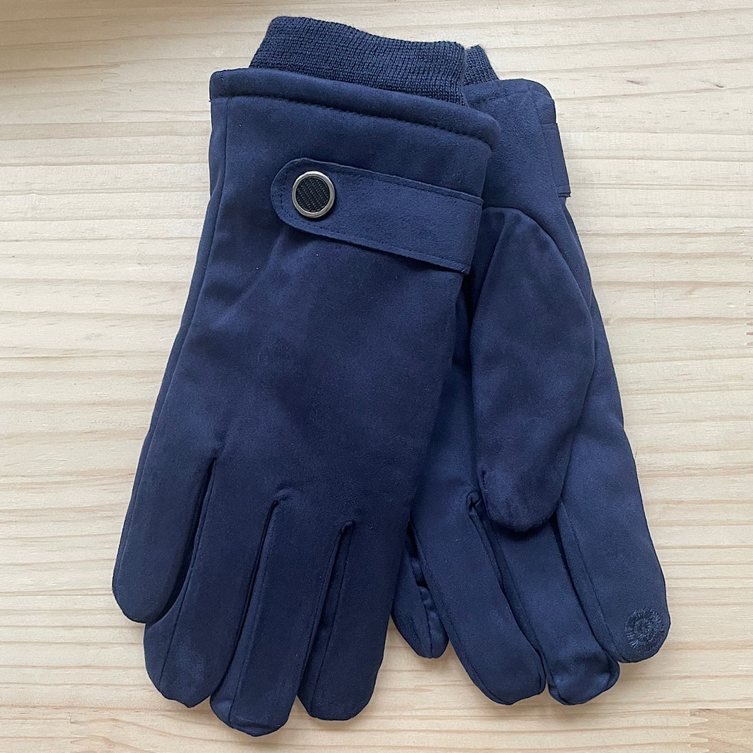 Men’s Navy Micro Suede Button Faux Fur Lined Gloves