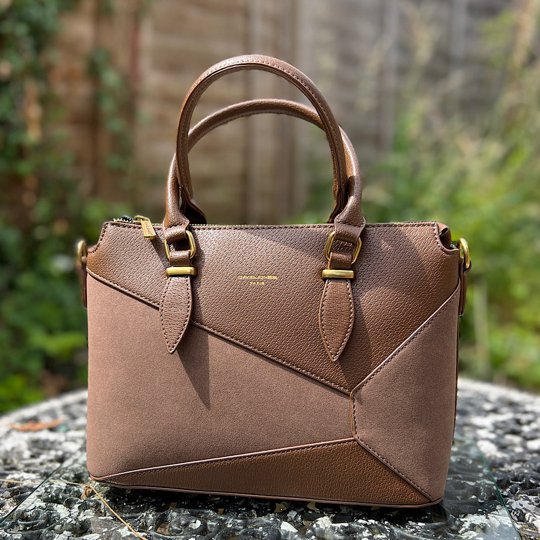 Chocolate Suedette & Leather Effect Geometric Handbag