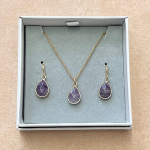 Boxed Amethyst & Gold Semi-Precious Stone Necklace & Earrings Set