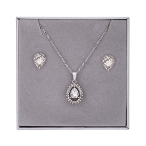 Boxed Silver Crystal Pear Cut Necklace & Matching Earrings Set