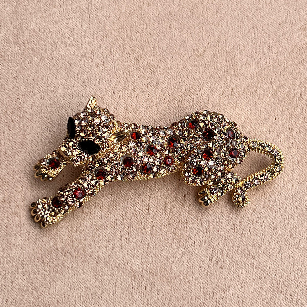 Gold Amber & Red Big Cat Pin Brooch