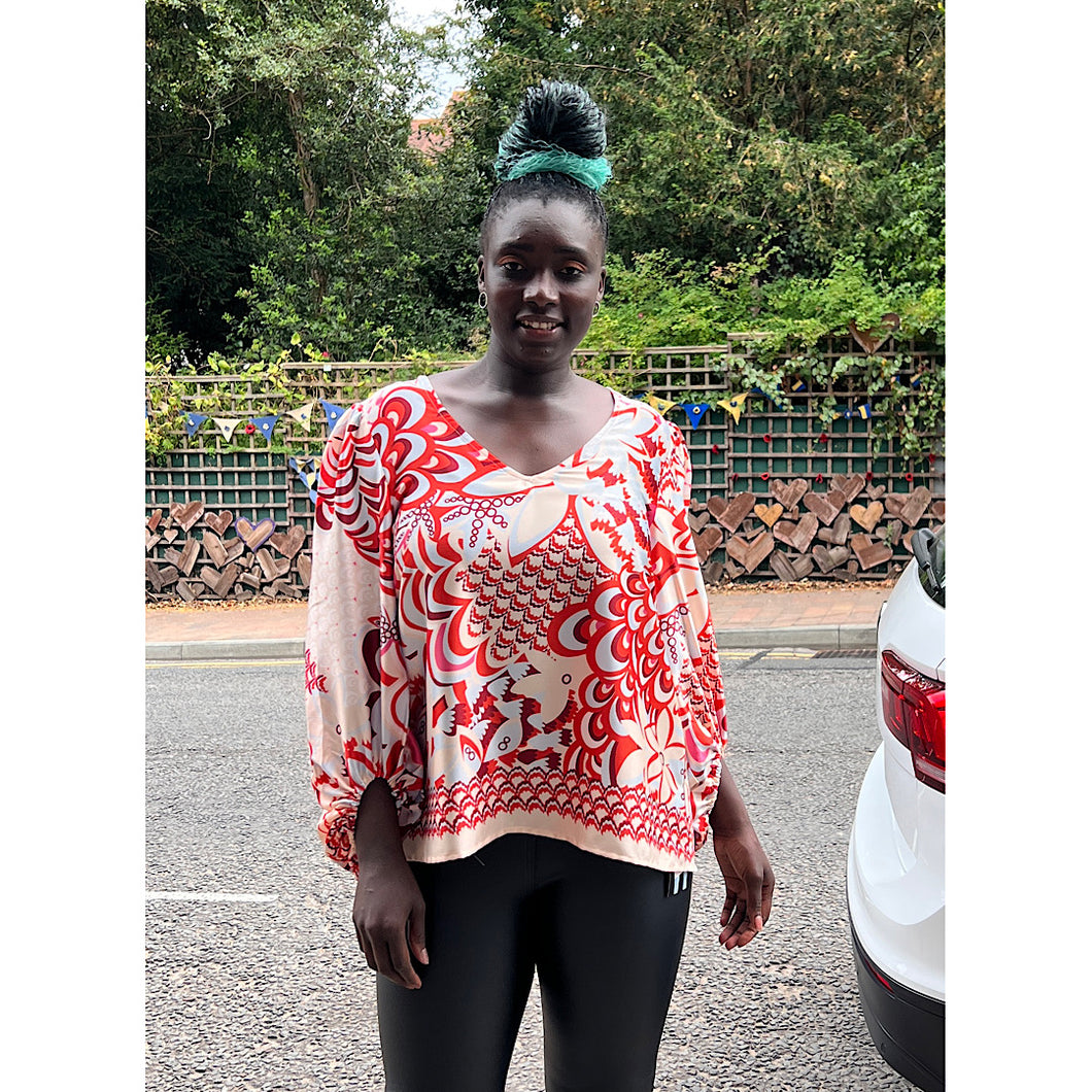 Oversized Red Retro Print V-Neck Blouse By Malissa J