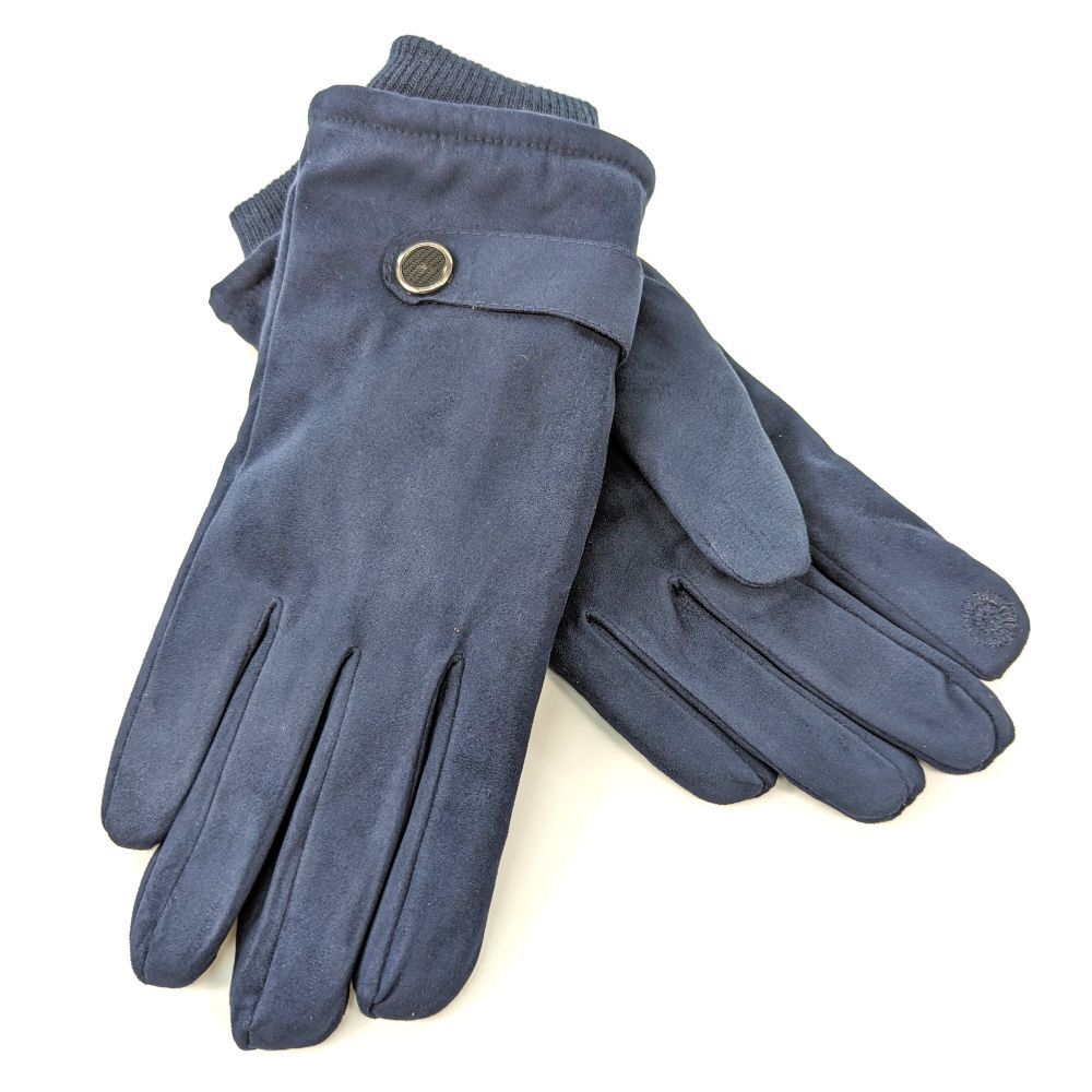 Men’s Grey Micro Suede Button Faux Fur Lined Touch Screen Gloves