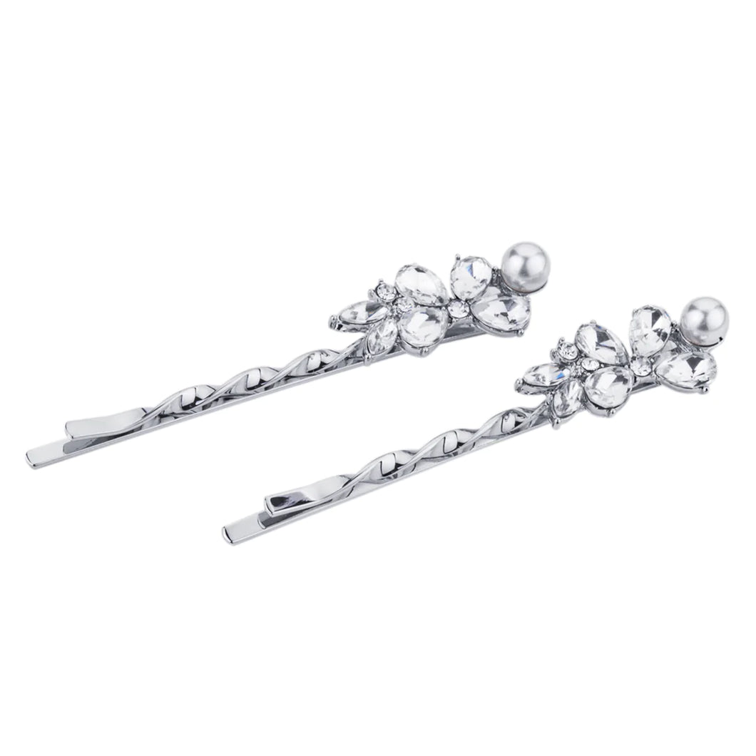 Silver Crystal with Faux Pearl Hair Slides