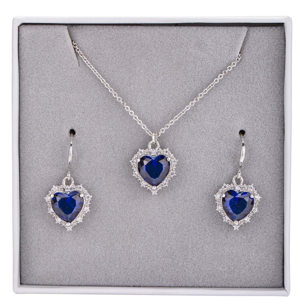 Boxed Blue & Silver Crystal Heart Pendant Necklace & Earrings Set